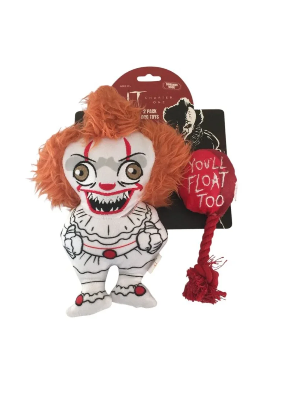 IT Chapter One Pennywise YOU'LL FLOAT TOO Plush 2 Piece Dog Toy Set Squeak Crink